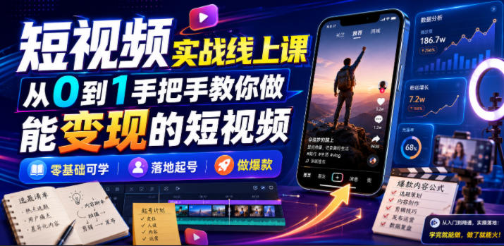 短视频实战线上课，从0到1手把手教你做能变现的短视频，零基础可学，落地起号做爆款-小二项目网