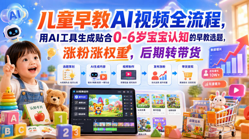 儿童早教AI视频全流程，用AI工具生成贴合0-6岁宝宝认知的早教选题，涨粉涨权重，后期转带货-小二项目网