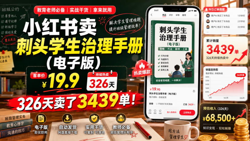 小红书卖刺头学生治理手册（电子版），客单价19.9，326天卖了3439单！-小二项目网