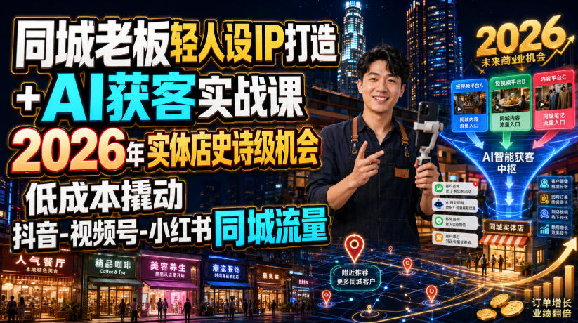 同城老板轻人设IP打造+AI获客实战课，2026年实体店史诗级机会，低成本撬动抖音-视频号-小红书同城流量-小二项目网