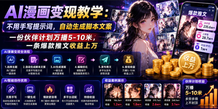 AI漫画变现教学：不用手写提示词，自动生成脚本文案，一份伙伴计划万播5-10米，一条爆款推文收益上W-小二项目网