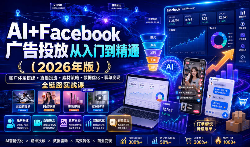 AI+Facebook广告投放从入门到精通（2026年版）｜账户体系搭建・直播投流・素材策略・数据优化・聊单变现全链路实战课-小二项目网