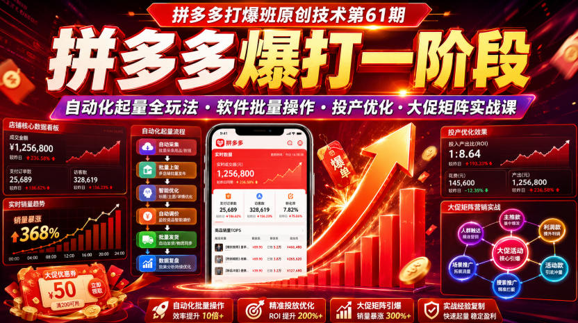 拼多多打爆班原创技术第61期，拼多多爆打一阶段，自动化起量全玩法・软件批量操作・投产优化・大促矩阵实战课-小二项目网