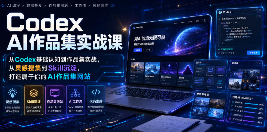 Codex AI作品集实战课，从Codex基础认知到作品集实战，从灵感搜集到Skill沉淀，打造属于你的AI作品集网站-小二项目网