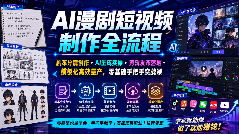 AI漫剧短视频制作全流程｜剧本分镜创作・AI生成实操・剪辑发布落地・模板化高效量产，零基础手把手实战课-小二项目网