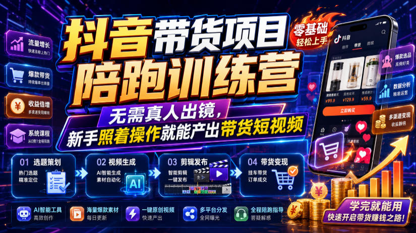 抖音带货项目陪跑训练营，无需真人出镜，新手照着操作就能产出带货短视频-小二项目网