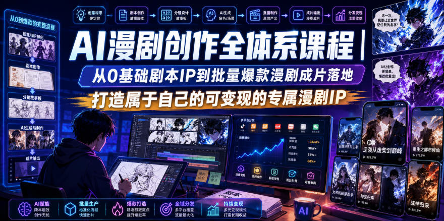 AI漫剧创作全体系课程｜从0基础剧本IP到批量爆款漫剧成片落地，打造属于自己的可变现的专属漫剧IP-小二项目网