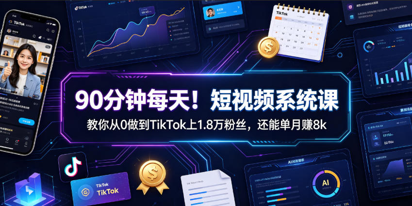 90分钟每天！短视频系统课教你从0做到TikTok上1.8万粉丝，还能单月賺8k【原创双语字幕】-小二项目网