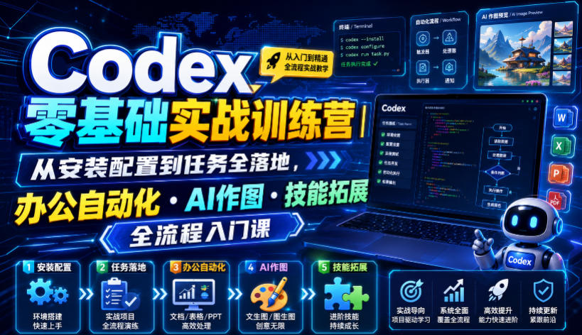 Codex零基础实战训练营｜从安装配置到任务全落地，办公自动化・AI作图・技能拓展全流程入门课-小二项目网