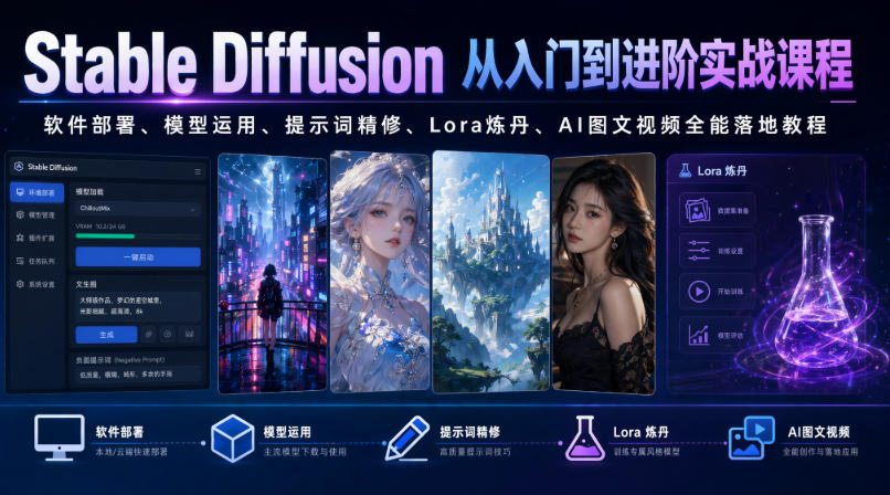 Stable Diffusion从入门到进阶实战课程｜软件部署、模型运用、提示词精修、Lora炼丹、AI图文视频全能落地教程-小二项目网