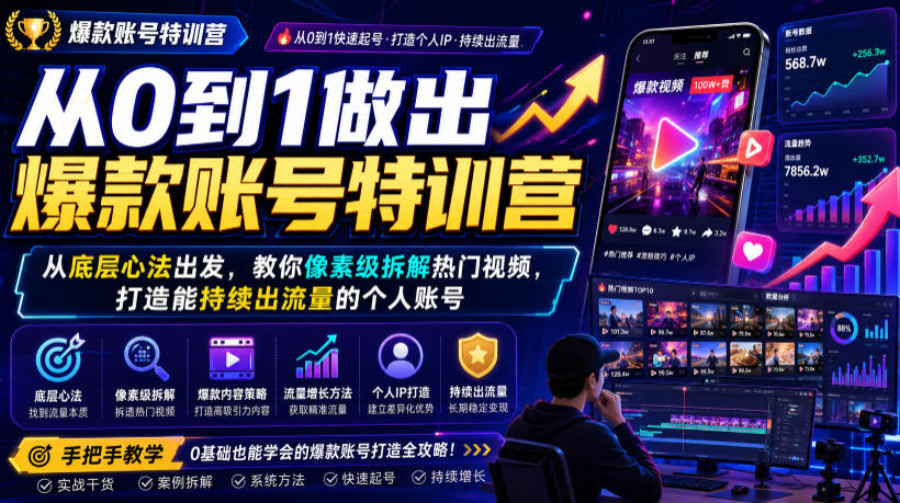 从0到1做出爆款账号特训营，从底层心法出发，教你像素级拆解热门视频，打造能持续出流量的个人账号-小二项目网