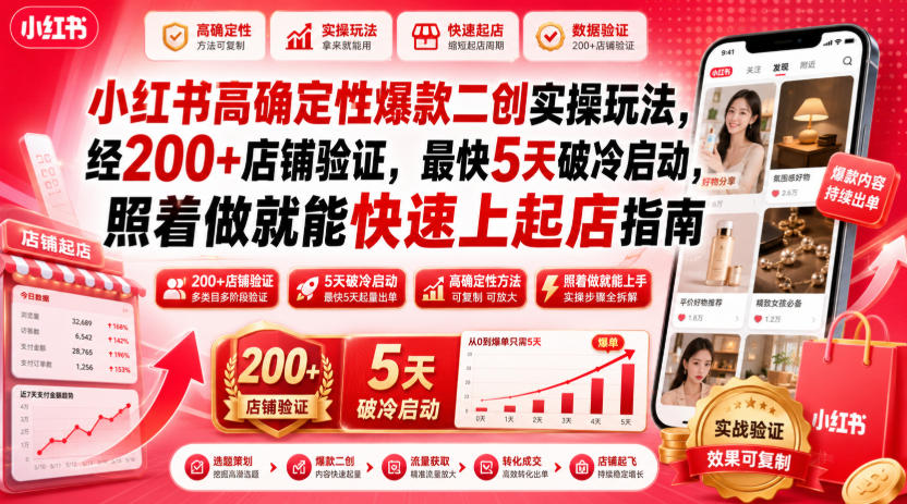 小红书高确定性爆款二创实操玩法，经200+店铺验证，最快5天破冷启动，照着做就能快速上起店指南-小二项目网