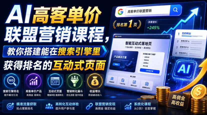 AI高客单价联盟营销课程，教你搭建能在搜索引擎里获得排名的互动式页面，引来流量，把访客转化为高佣金的成交【原创双语字幕】-小二项目网