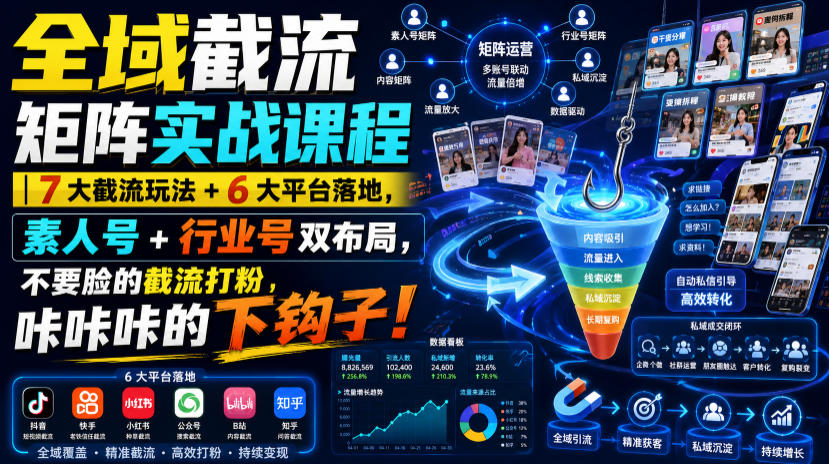 全域截流矩阵实战课程｜7大截流玩法+6大平台落地，素人号+行业号双布局，不要脸的截流打粉，咔咔咔的下钩子！-小二项目网
