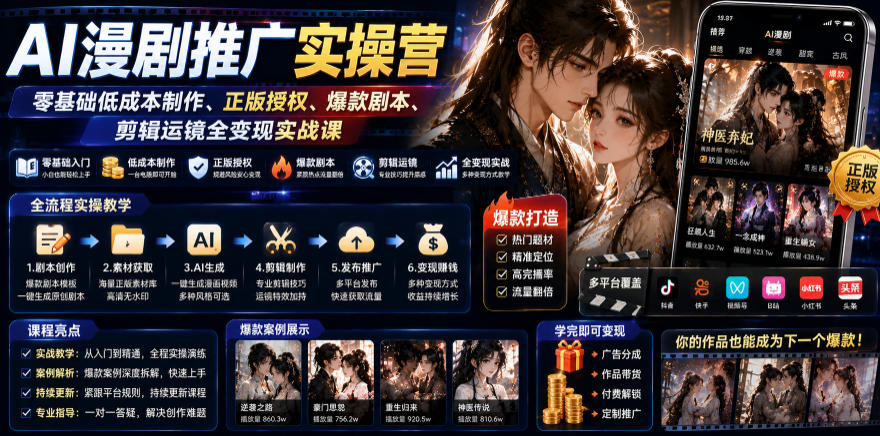 AI漫剧推广实操营｜零基础低成本制作、正版授权、爆款剧本、剪辑运镜全变现实战课-小二项目网