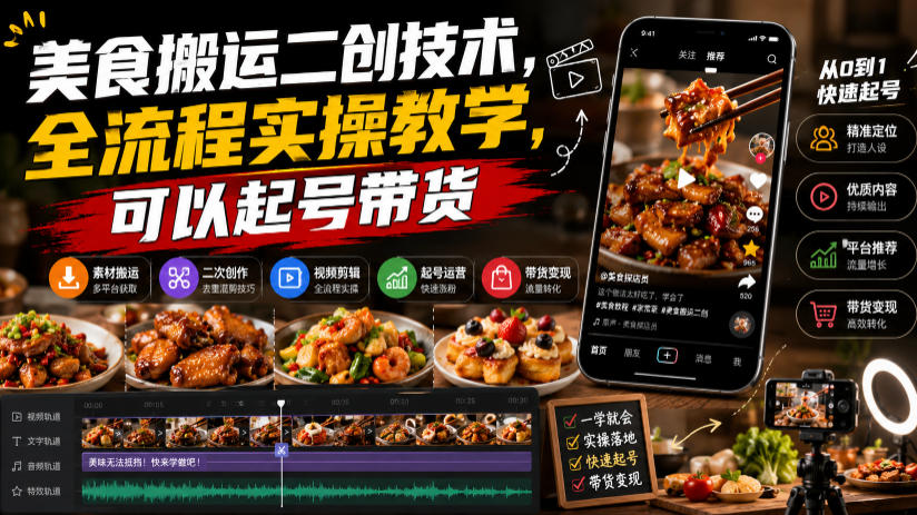 美食搬运二创技术，全流程实操教学，可以起号带货-小二项目网