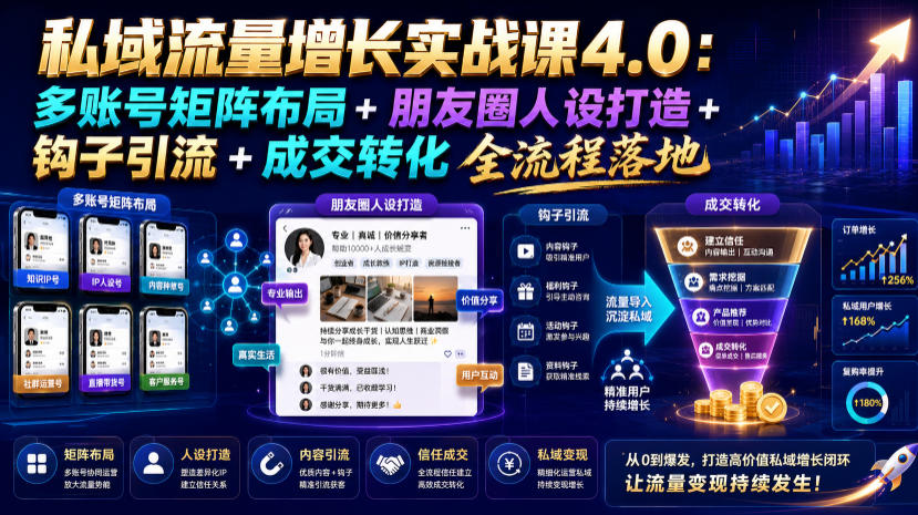 私域流量增长实战课4.0：多账号矩阵布局+朋友圈人设打造+钩子引流+成交转化全流程落地-小二项目网
