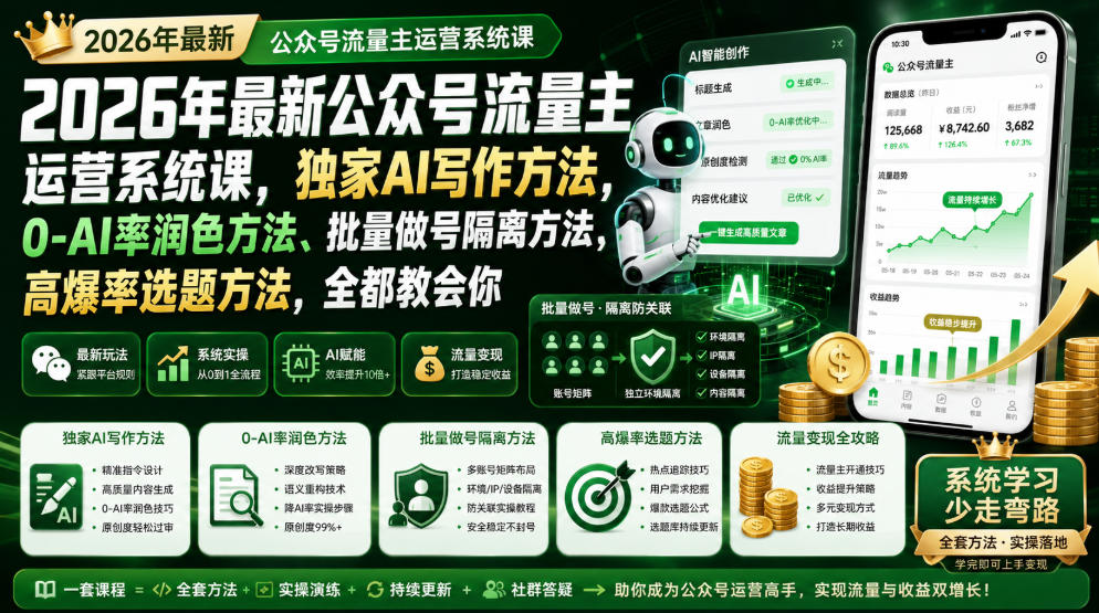 2026年最新公众号流量主运营系统课，独家AI写作方法，0-AI率润色方法、批量做号隔离方法、高爆率选题方法，全都教会你-小二项目网