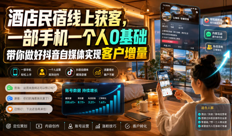 酒店民宿线上获客，一部手机一个人0基础带你做好抖音自媒体实现客户增量-小二项目网