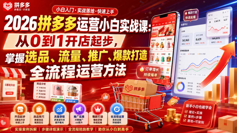2026拼多多运营小白实战课：从0到1开店起步，掌握选品、流量、推广、爆款打造全流程运营方法-小二项目网