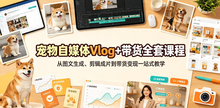 宠物自媒体Vlog+带货全套课程｜从图文生成、剪辑成片到带货变现一站式教学-小二项目网