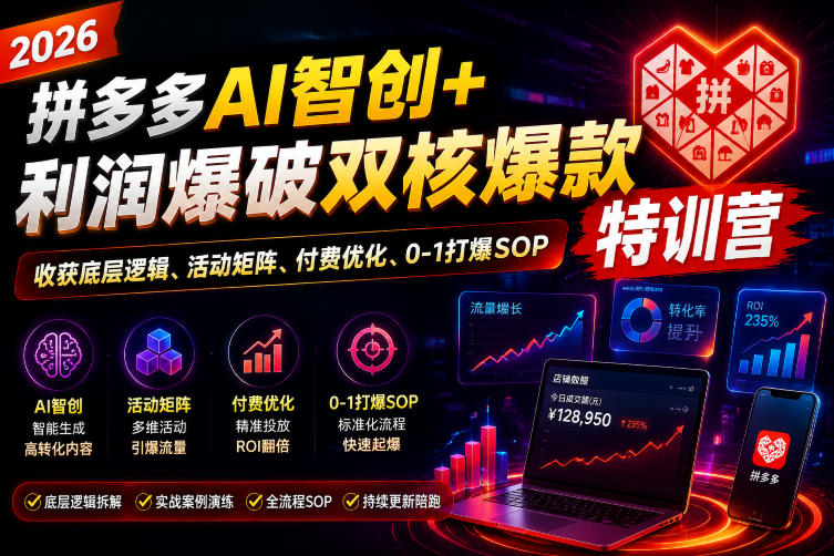 2026拼多多AI智创+利润爆破双核爆款特训营，收获底层逻辑、活动矩阵、付费优化、0-1打爆SOP-小二项目网