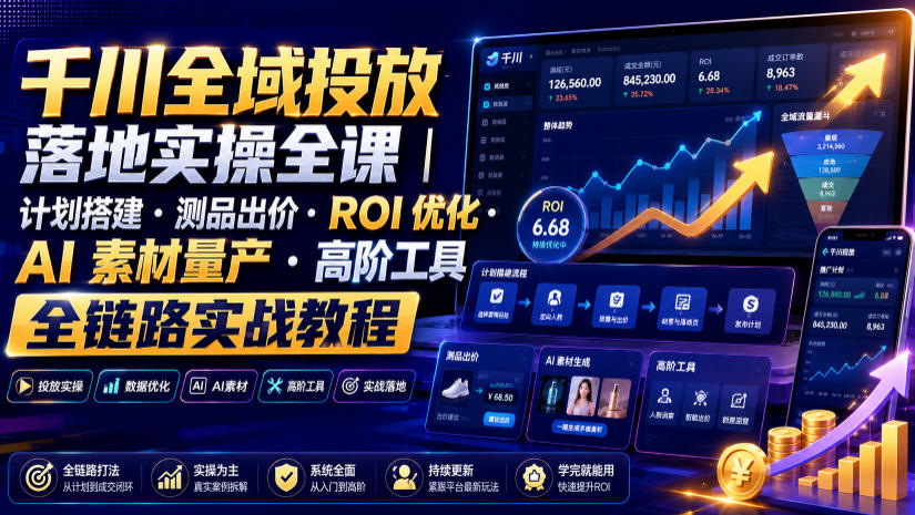 千川全域投放落地实操全课｜计划搭建・测品出价・ROI优化・AI素材量产・高阶工具全链路实战教程-小二项目网