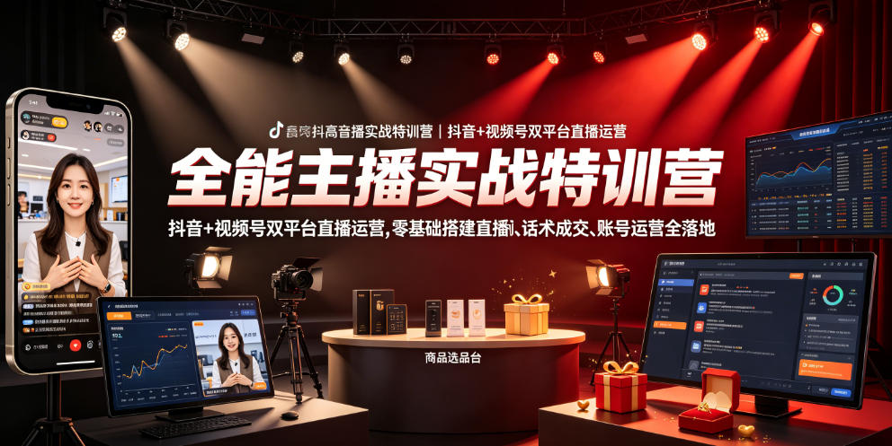 全能主播实战特训营｜抖音+视频号双平台直播运营，零基础搭建直播间、精准选品、话术成交、账号运营全落地-小二项目网
