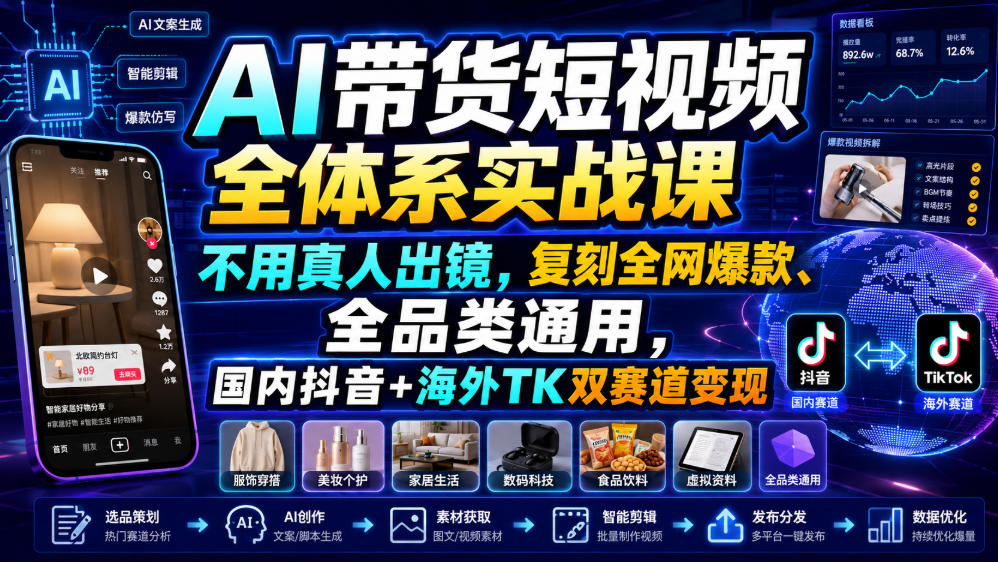 AI带货短视频全体系实战课，不用真人出镜，复刻全网爆款、全品类通用，国内抖音+海外TK双赛道变现-小二项目网