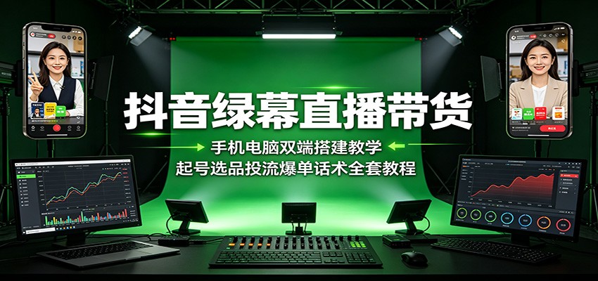 抖音绿幕直播带货：手机电脑双端搭建教学，起号选品投流爆单话术全套教程-小二项目网