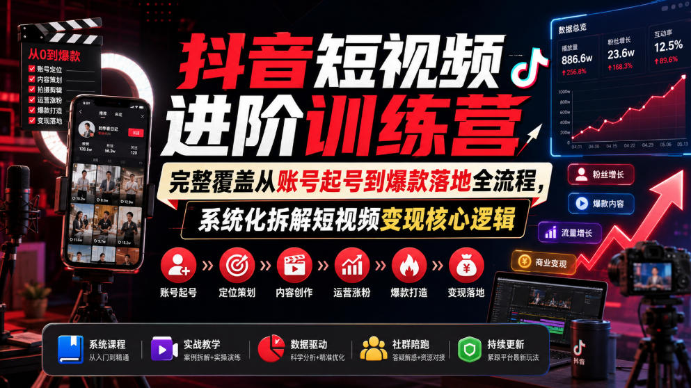 抖音短视频进阶训练营，完整覆盖从账号起号到爆款落地全流程，系统化拆解短视频变现核心逻辑-小二项目网