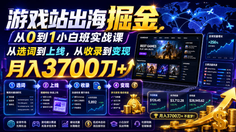 游戏站出海掘金从0到1小白实战课，从选词到上线，从收录到变现，月入3700刀+-小二项目网