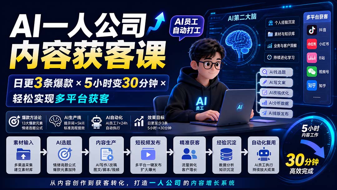 （20111期）AI一人公司内容获客课-更新8月：日更3条爆款×5小时变30分钟×AI员工自动打工，轻松实现多平台获客-小二项目网