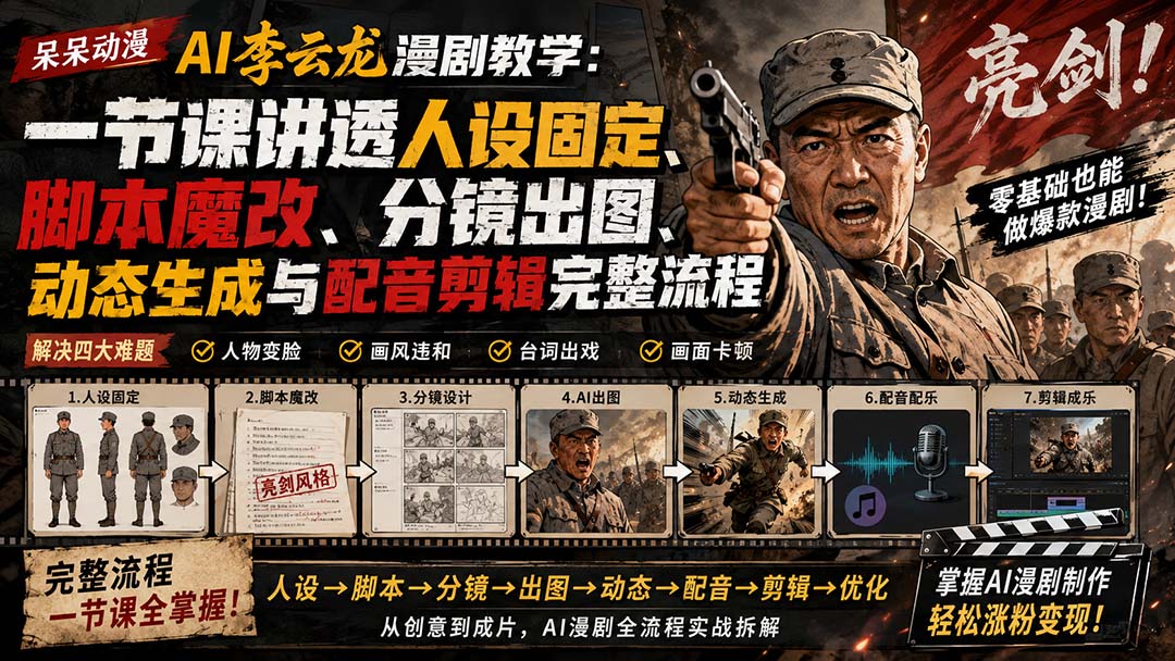 （20107期）呆呆动漫AI李云龙漫剧教学：一节课讲透人设固定、脚本魔改、分镜出图、动态生成与配音剪辑完整流程-小二项目网