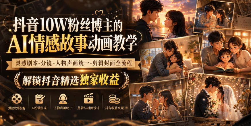 抖音10W粉丝博主的AI情感故事动画教学，灵感剧本‑分镜‑人物声画统一‑剪辑封面全流程，解锁抖音精选独家收益-小二项目网