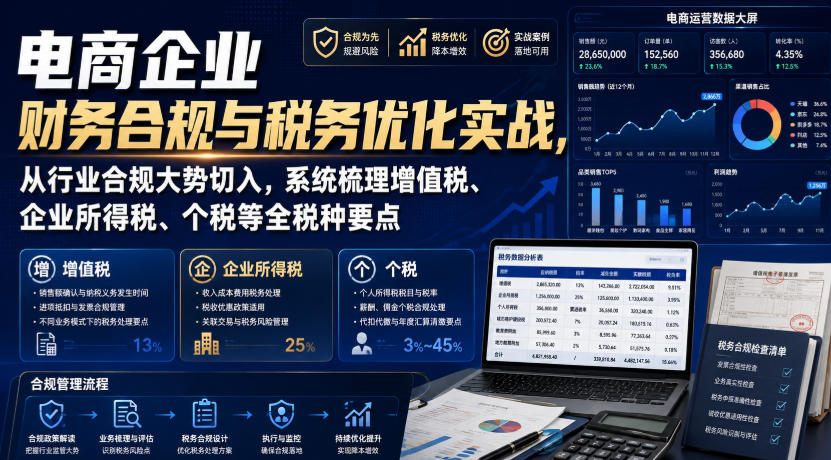 电商企业财务合规与税务优化实战，从行业合规大势切入，系统梳理增值税、企业所得税、个税等全税种要点-小二项目网