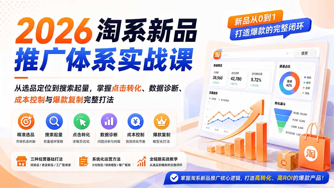 （19908期）2026淘系新品推广体系实战课：从选品定位到搜索起量，掌握点击转化、数据诊断、成本控制与爆款复制完整打法-小二项目网