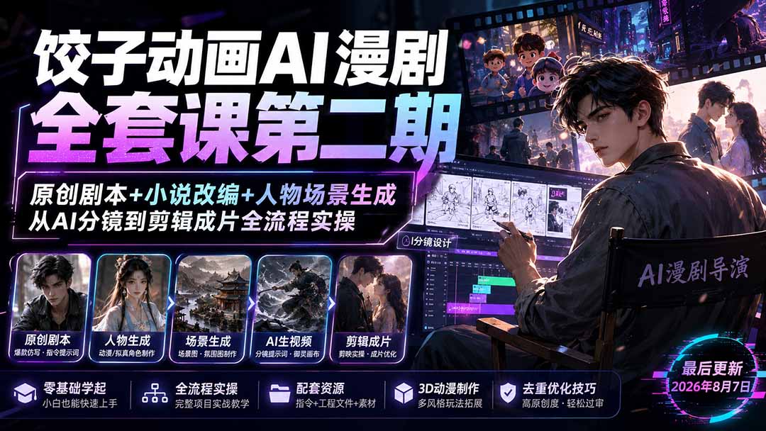 （19910期）饺子动画AI漫剧全套课第二期：原创剧本+小说改编+人物场景生成，从AI分镜到剪辑成片全流程实操-小二项目网