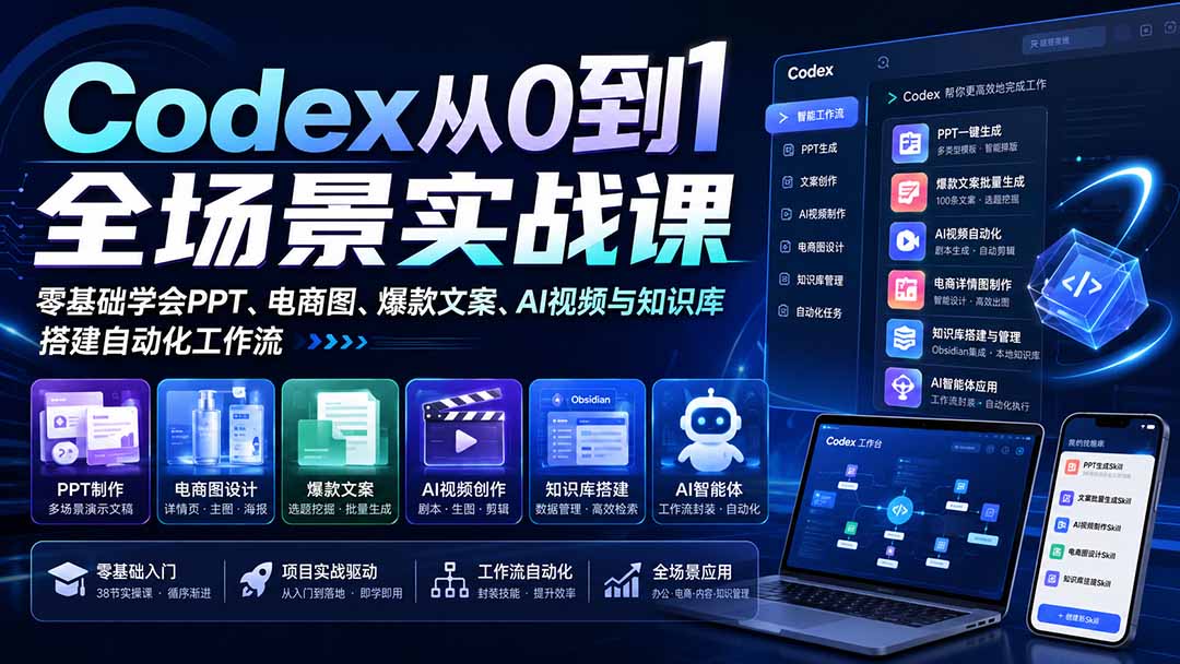 （20041期）Codex从0到1全场景实战课：零基础学会PPT、电商图、爆款文案、AI视频与知识库，搭建自动化工作流-小二项目网