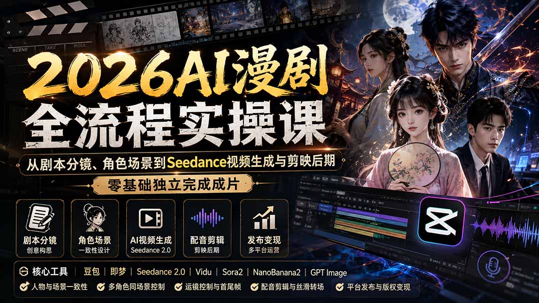（20042期）2026AI漫剧全流程实操课：从剧本分镜、角色场景到Seedance视频生成与剪映后期，零基础独立完成成片-小二项目网