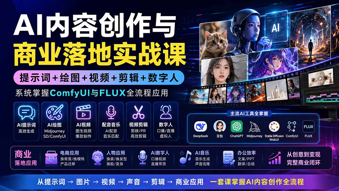 （19913期）AI内容创作与商业落地实战课：提示词+绘图+视频+剪辑+数字人，系统掌握ComfyUI与FLUX全流程应用-小二项目网