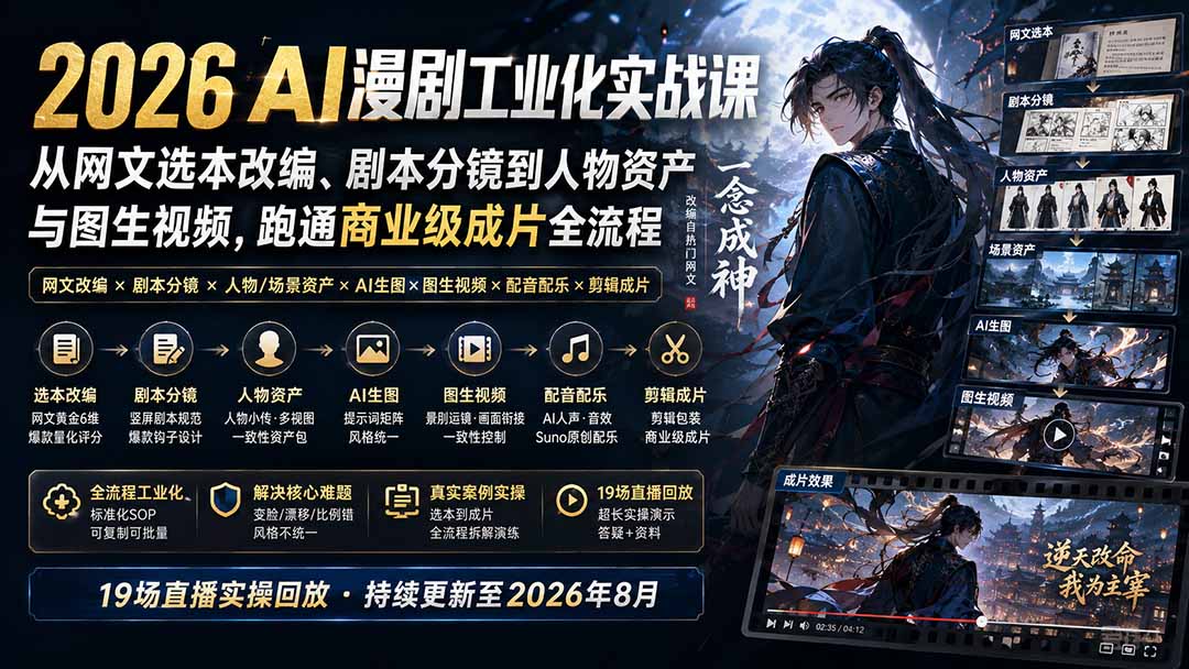 （20068期）2026 AI漫剧工业化实战课-更新：从网文选本改编、剧本分镜到人物资产与图生视频，跑通商业级成片全流程-小二项目网