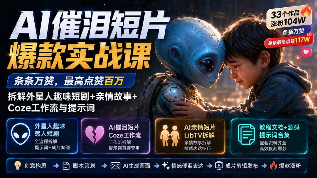 （20038期）AI催泪短片爆款实战课：条条万赞，最高点赞百万，拆解外星人趣味短剧+亲情故事+Coze工作流与提示词-小二项目网
