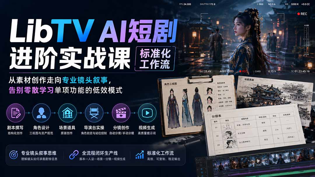 （19836期）LibTV AI短剧进阶实操课标准化工作流；从素材创作走向专业镜头叙事，告别零散学习单项功能的低效模式-小二项目网