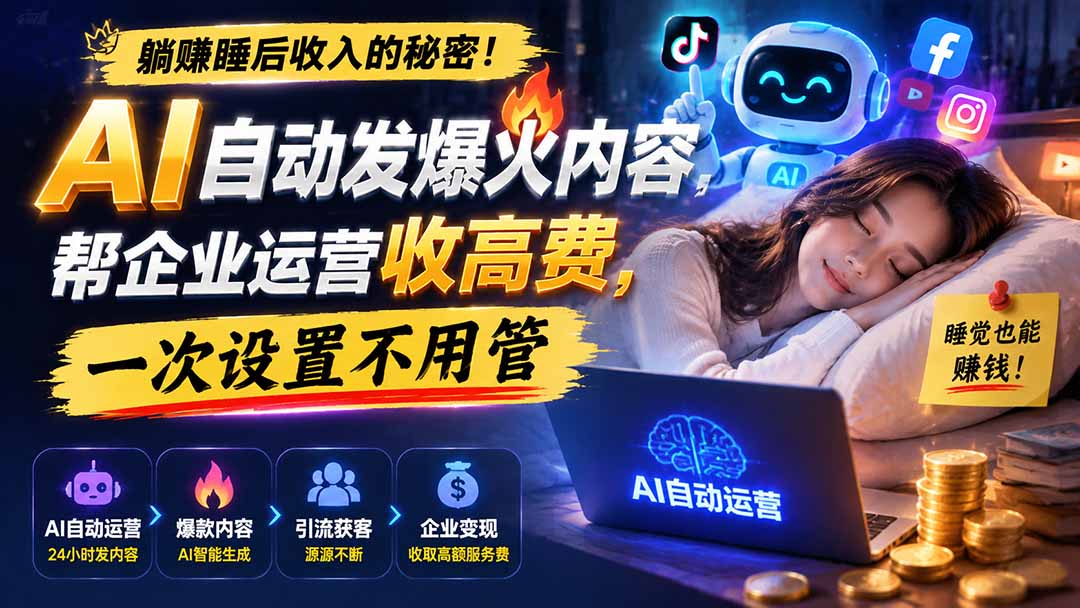 （19826期）躺赚睡后收入的秘密！AI 自动发爆火内容，帮企业运营收高费，一次设置不用管【原创双语字幕】-小二项目网