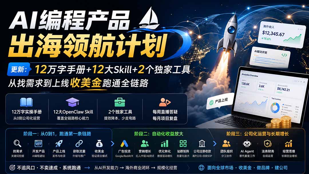（20015期）AI编程产品出海领航计划-更新：12万字手册+12大Skill+2个独家工具，从找需求到上线收美金跑通全链路-小二项目网
