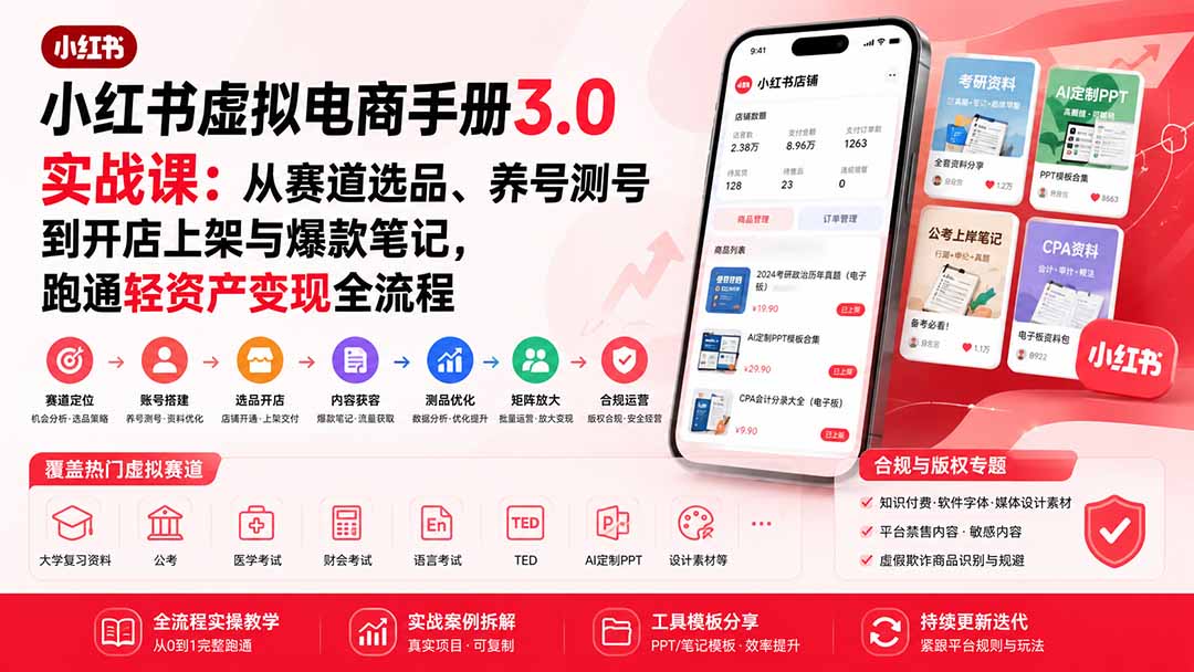 （20054期）小红书虚拟电商手册3.0实战课：从赛道选品、养号测号到开店上架与爆款笔记，跑通轻资产变现全流程-小二项目网