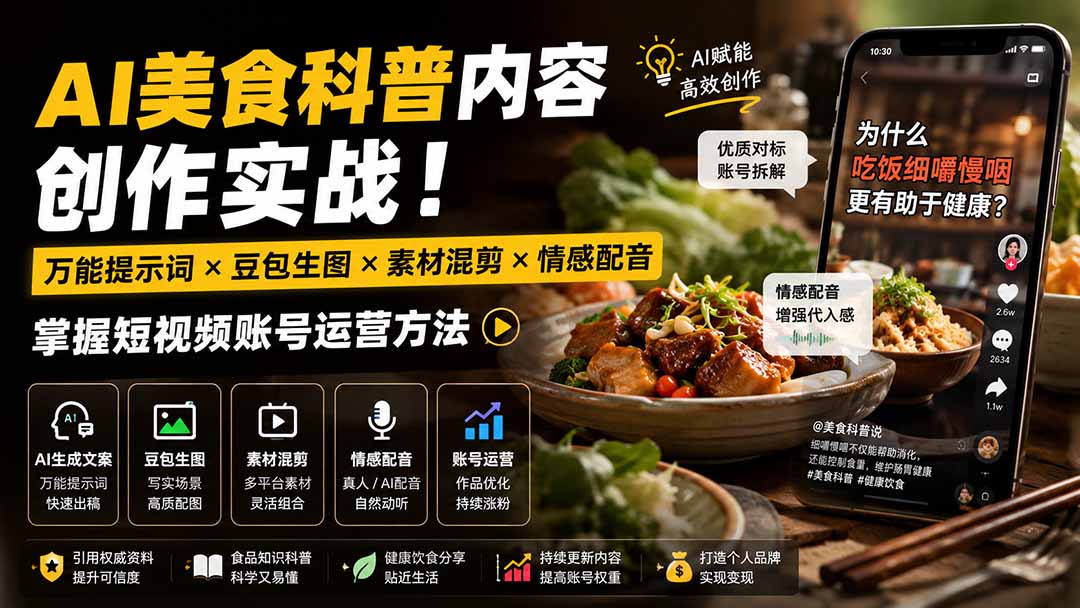 （19730期）外面卖199元-AI美食科普内容创作实战！万能提示词×豆包生图×素材混剪×情感配音，掌握短视频账号运营方法-小二项目网