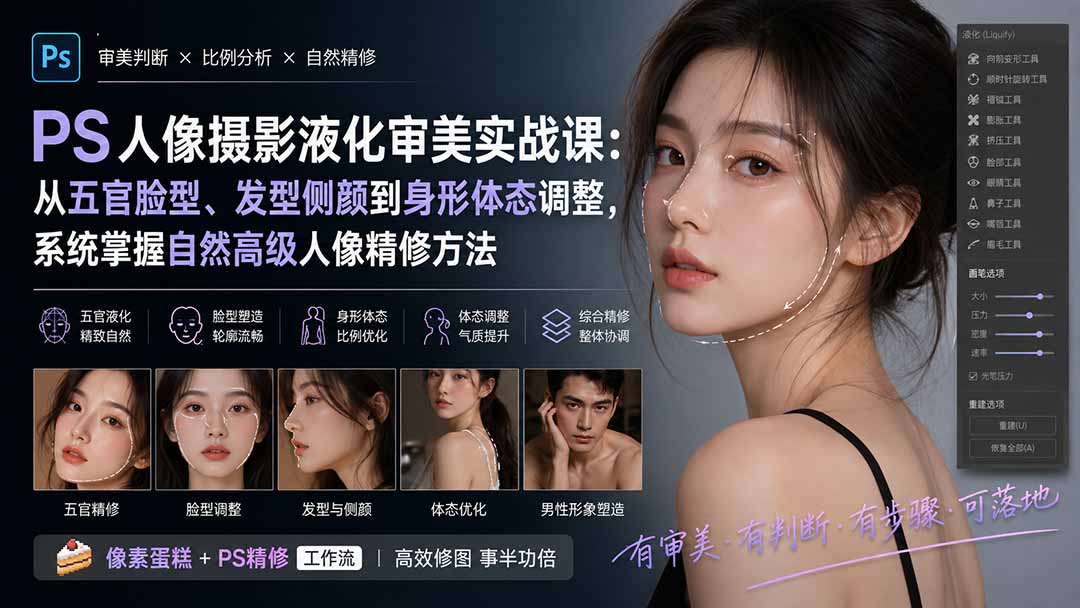 （20062期）PS人像摄影液化审美实战课：从五官脸型、发型侧颜到身形体态调整，系统掌握自然高级人像精修方法-小二项目网