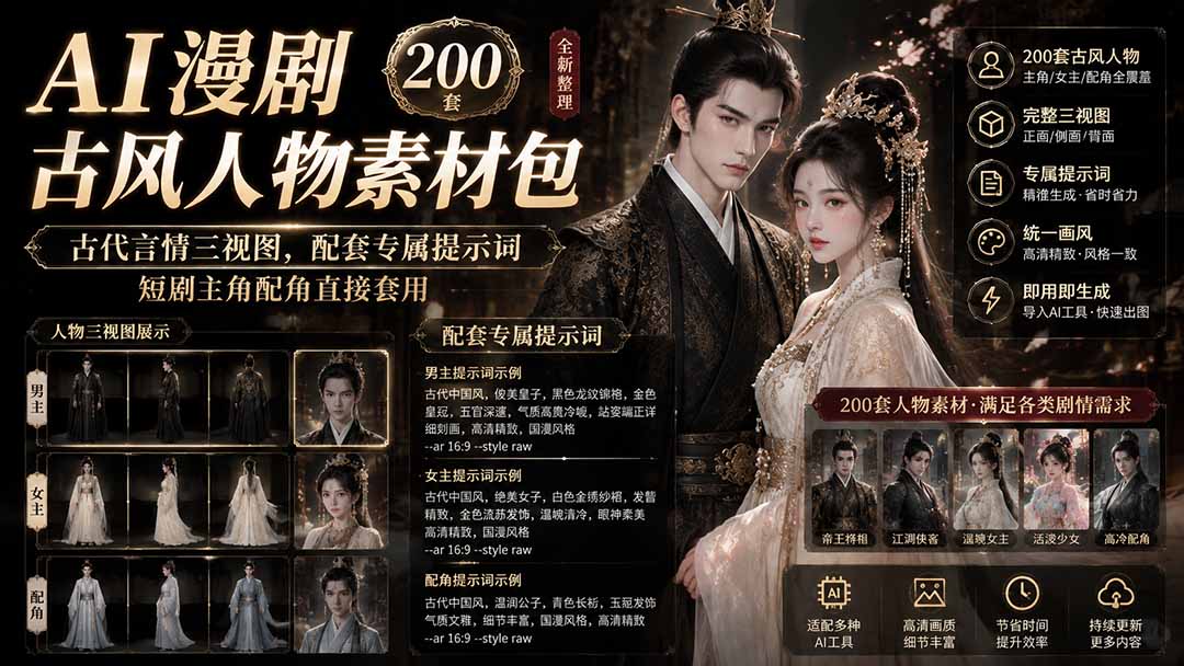（19693期）AI漫剧古风人物素材包+提示词｜200 套古代言情三视图，配套专属提示词短剧主角配角直接套用-小二项目网